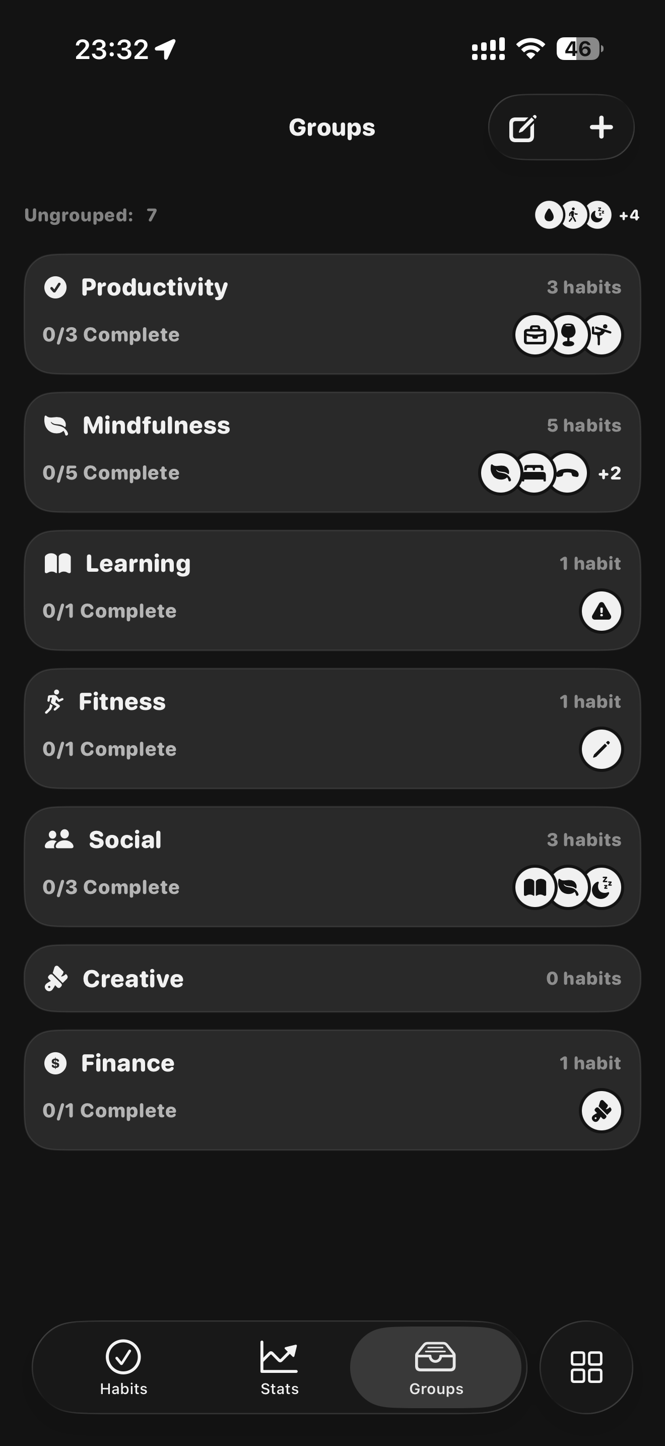 Habit groups organized by Productivity, Mindfulness, Learning, Fitness, Social, and more