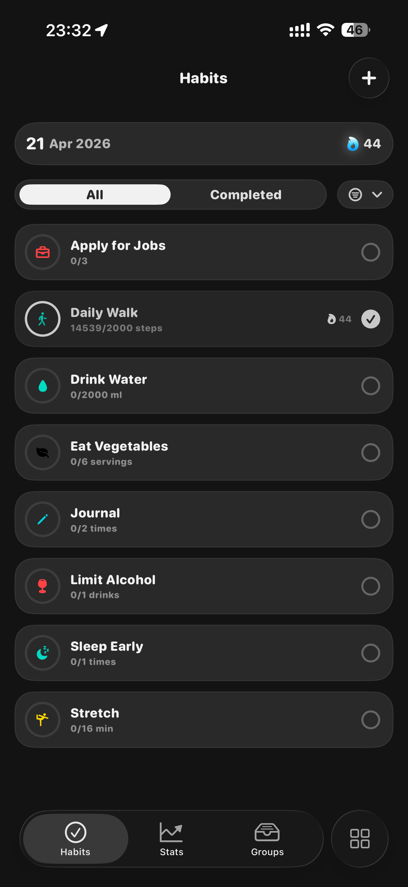 Habits list showing daily habits like Daily Walk, Drink Water, Journal, and Stretch with completion status