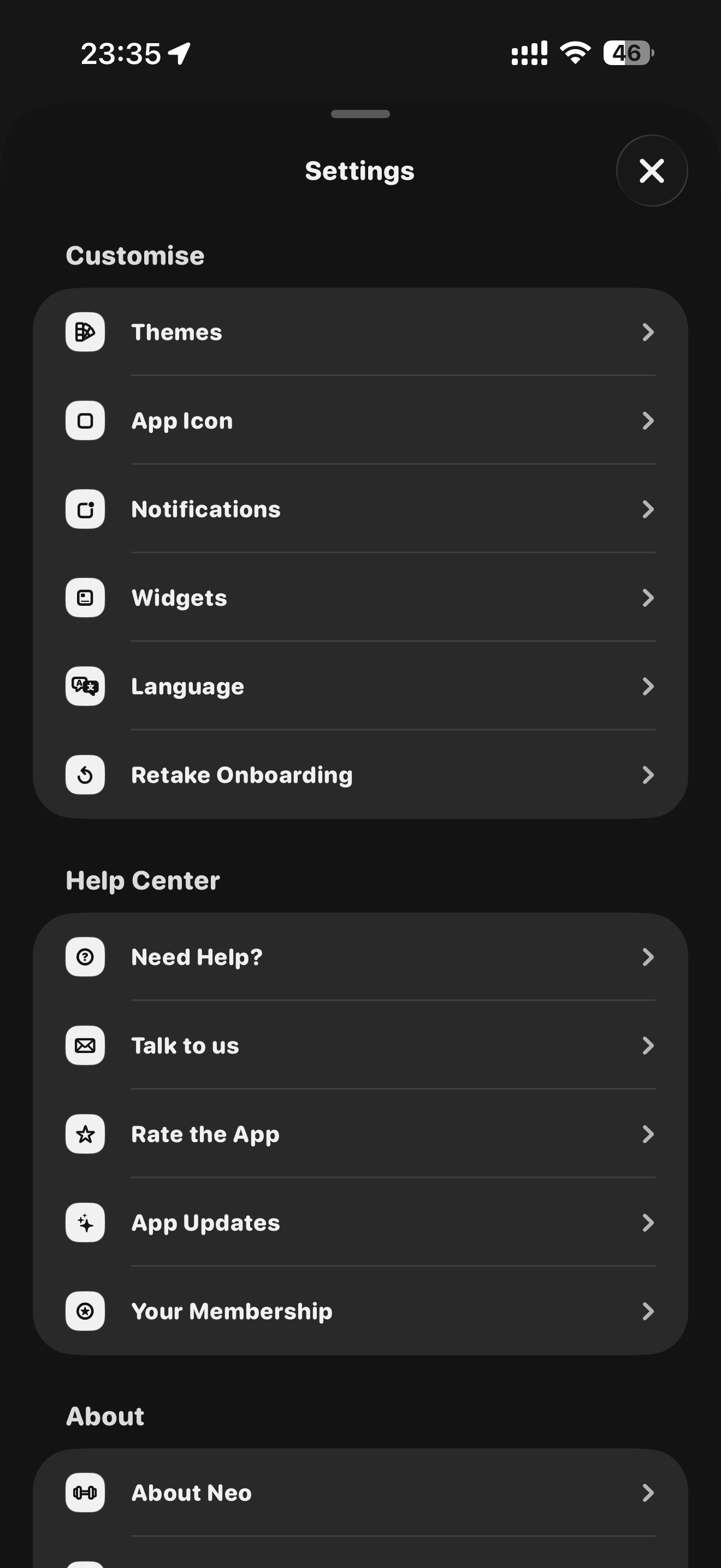 Settings screen showing Themes, App Icon, Notifications, Widgets, Language options and Help Center